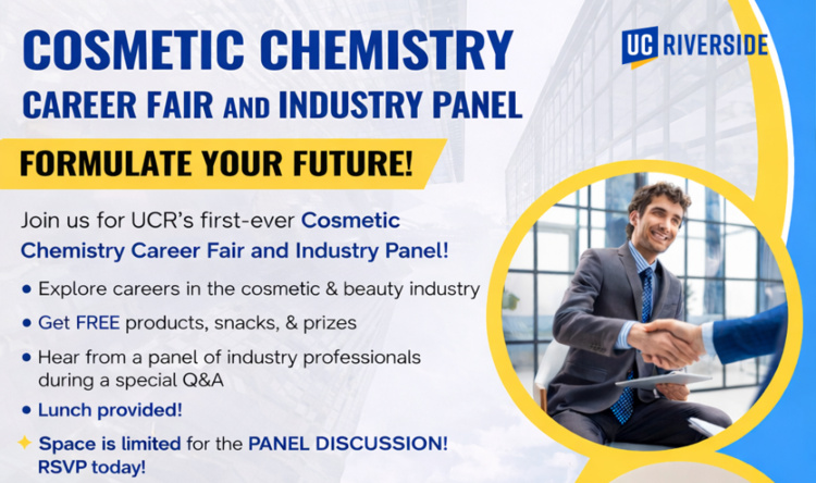 UCRCNAS's tweet image. Cosmetic Chemistry Career Fair + Industry Panel events.ucr.edu/event/cosmetic… May 5, 2026 | 10am to 1pm.

#UCRscience #cosmetics #chemistry #CareerFair #ucr #UCriverside