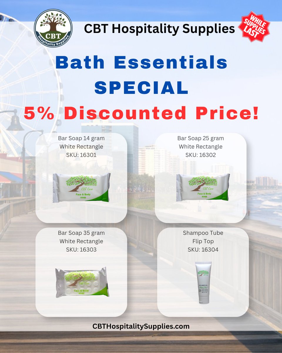 cbtmyrtlebeach's tweet photo. 🚨 Limited-Time Sale 🚨
🔥 5% OFF Hotel Toiletries 🔥
🚿 Discover premium hotel toiletries. Ideal for hospitality environments such as hotels, resorts, and rental properties!
🌐 Order today at https://t.co/TfzAkZwxl9 https://t.co/L8vYhf4oXy