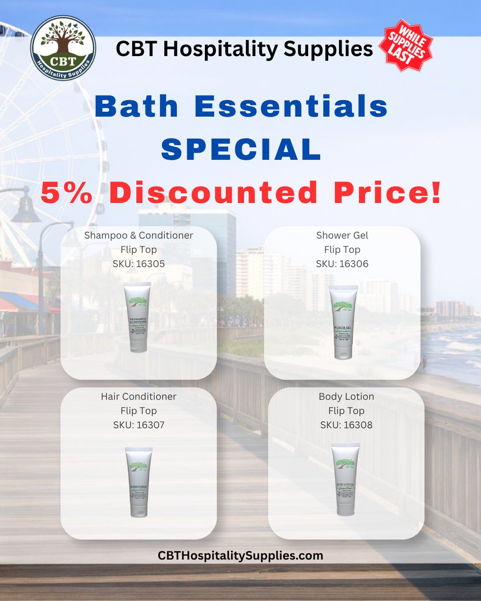 cbtmyrtlebeach's tweet photo. 🚨 Limited-Time Sale 🚨
🔥 5% OFF Hotel Toiletries 🔥
🚿 Discover premium hotel toiletries. Ideal for hospitality environments such as hotels, resorts, and rental properties!
🌐 Order today at https://t.co/TfzAkZwxl9 https://t.co/L8vYhf4oXy