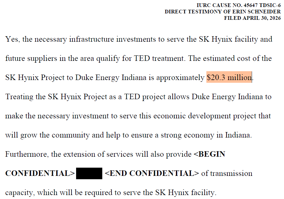 Duke Energy Indiana is proposing to make its existing ratepayers pay for a $20.3 million grid project for SK Hynix, a semiconductor company that makes chips that work with NVIDIA's GPUs at AI data centers.

Another subsidy for Big Tech paid for by raising Hoosier utility bills!