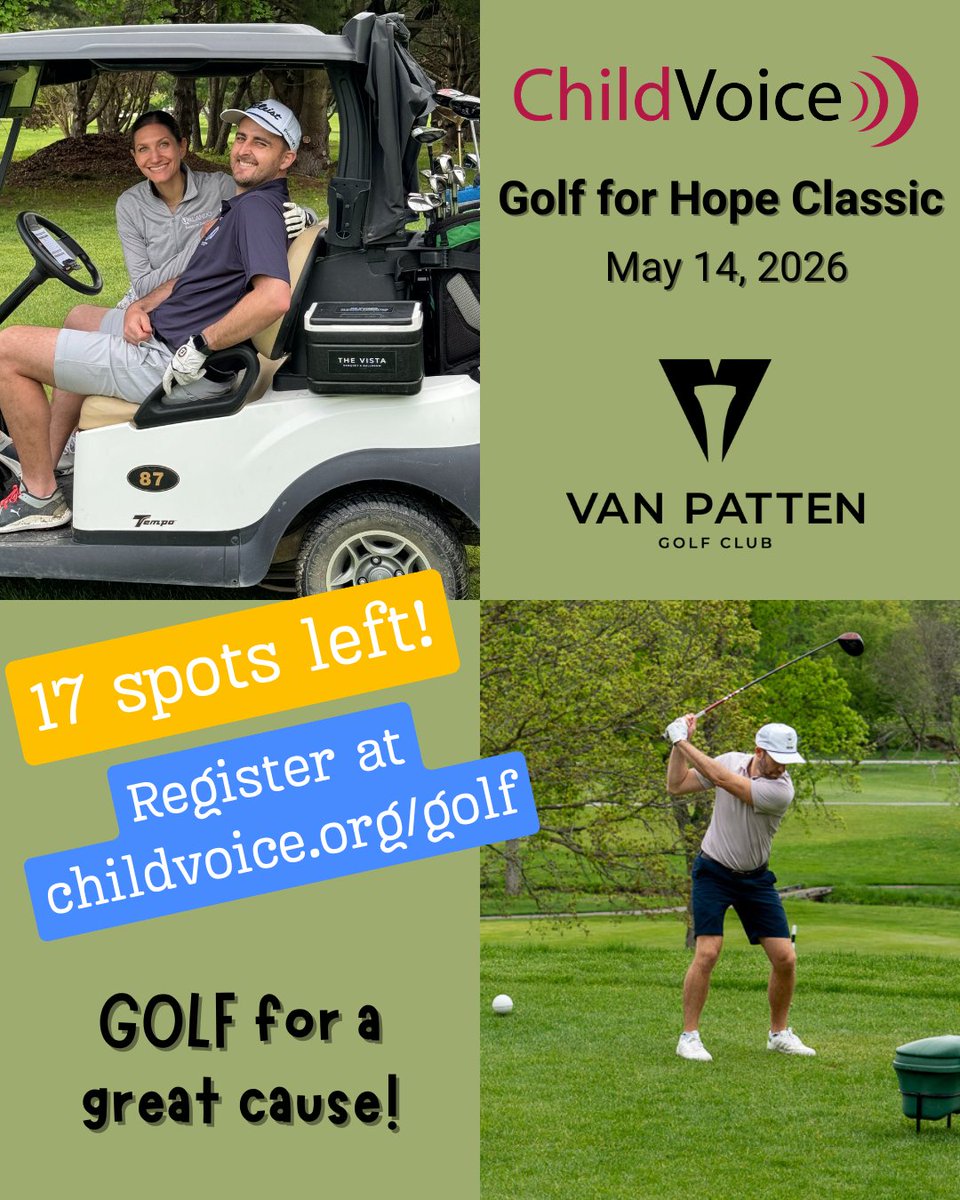 ChildVoice's tweet photo. Only 17 spots left for ChildVoice’s Golf for Hope Classic on May 14 at Van Patten Golf Club! Enjoy a fun day on the course while helping bring hope to children and families in need.

Grab your spot today before they’re all gone!
https://t.co/loogWtTkji https://t.co/lJHMwQRKs2