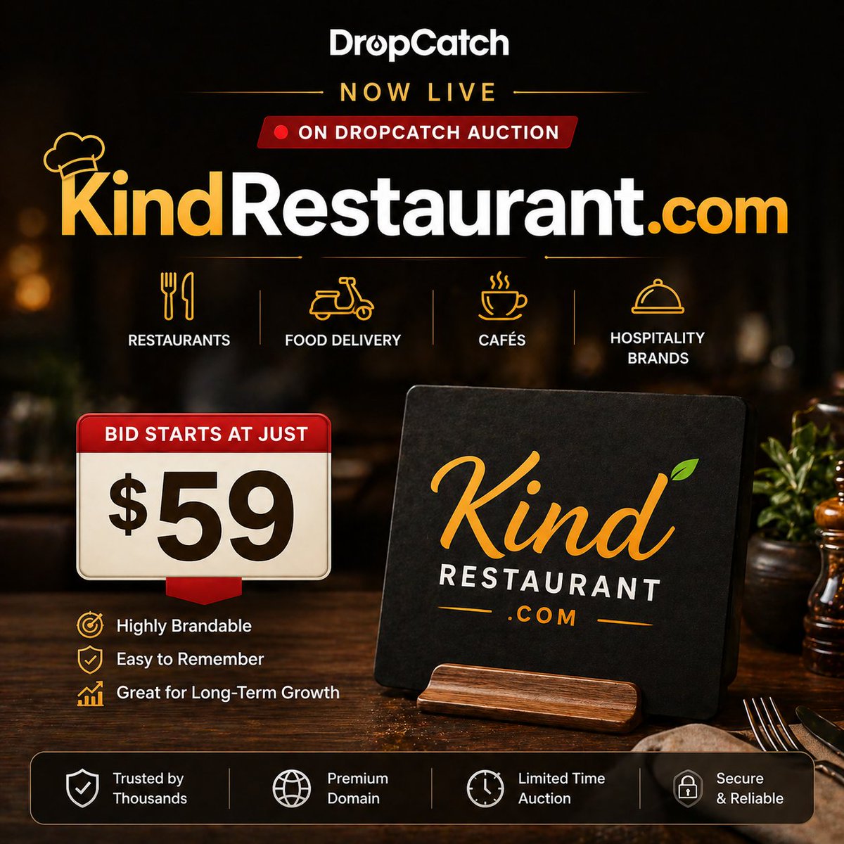 SamDZign1's tweet image. 🔥 KindRestaurant.com
Premium, memorable domain for restaurants, cafés, food delivery, or hospitality startups.
Now LIVE on DropCatch Auction 🍽️
💰 Opening bid: $59
A strong brand name with real commercial potential.
#DropCatch #DomainAuction #DomainForSale #RestaurantBrand