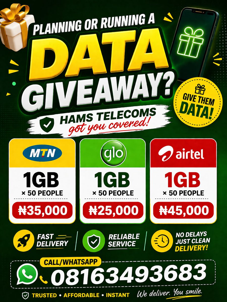 meedah2000's tweet photo. Planning or running a DATA giveaway? π
Hams Telecoms got you covered!
π MTN: 1GB Γ 50 β β¦35,000
π GLO: 1GB Γ 50 β β¦25,000
π AIRTEL: 1GB Γ 50 β β¦45,000
Fast deliveryβ‘
Reliable service β
No delays
π² Call/Whatsapp: 08163493683 to get started.
#giveaway #Datavendor https://t.co/5HJHAoHWqO