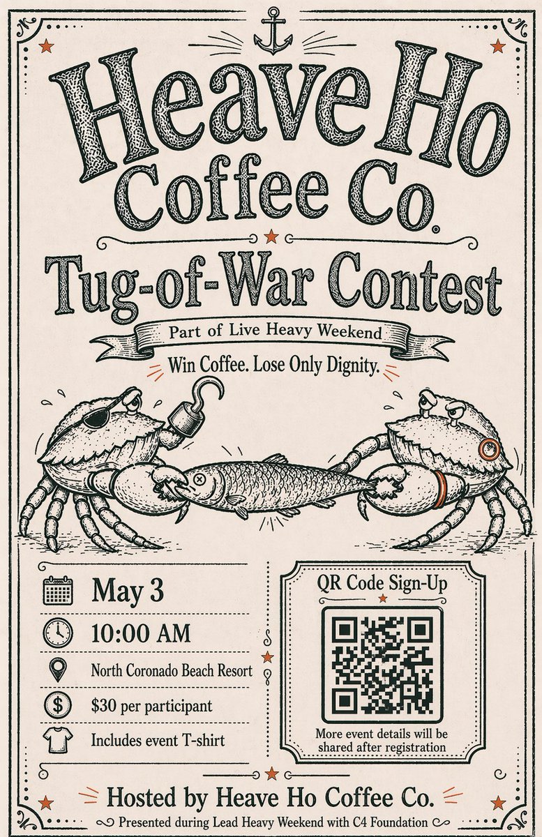 CKIVFoundation's tweet photo. Tug-of-War Tournament kicks off at 10:00 AM on May 3
North Coronado Beach (near the fire pits). 

There will be both team and individual categories. 
$30 entry includes an event T-shirt. 

Heave Ho will also be donating 10% of event sales to the C4 Foundation, and will be serving coffee throughout — because everything’s better with coffee.

The Tug-Of-War competition will lead in to the URT Dig which begins at 1 pm at Dog Beach! 

#C4Foundation #HeaveHo #UrtDig