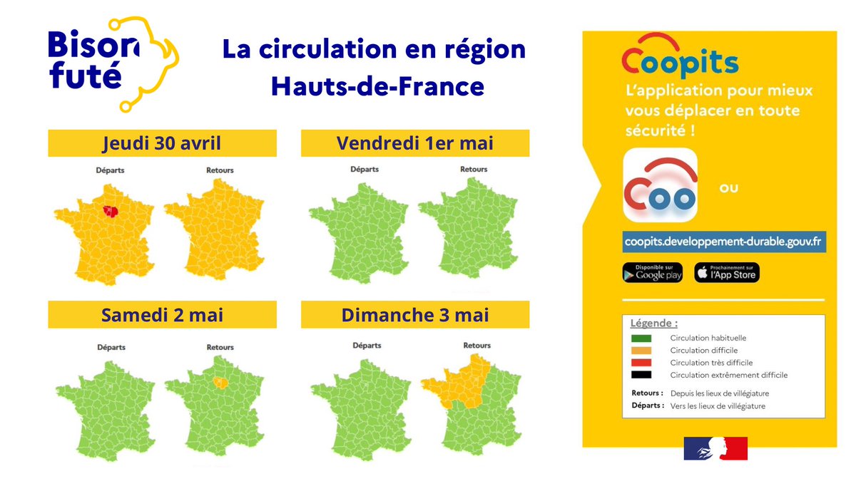 Image de Préfecture de la région Hauts-de-France et du Nord - #SécuritéRoutière 

🚗 Consultez les prévisions pour ce week-end prolongé grâce au vendredi 1er mai,