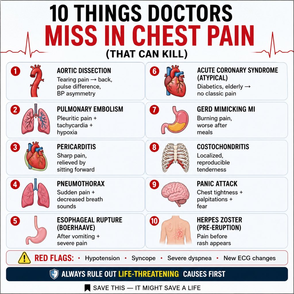 This is why chest pain scares doctors ⚠️
Not everything is a heart attack…

Here are 10 deadly misses you must know 👇
Save &amp; share with your colleagues

#MedTwitter #Emergency #PLABPrep #MedicinePocket