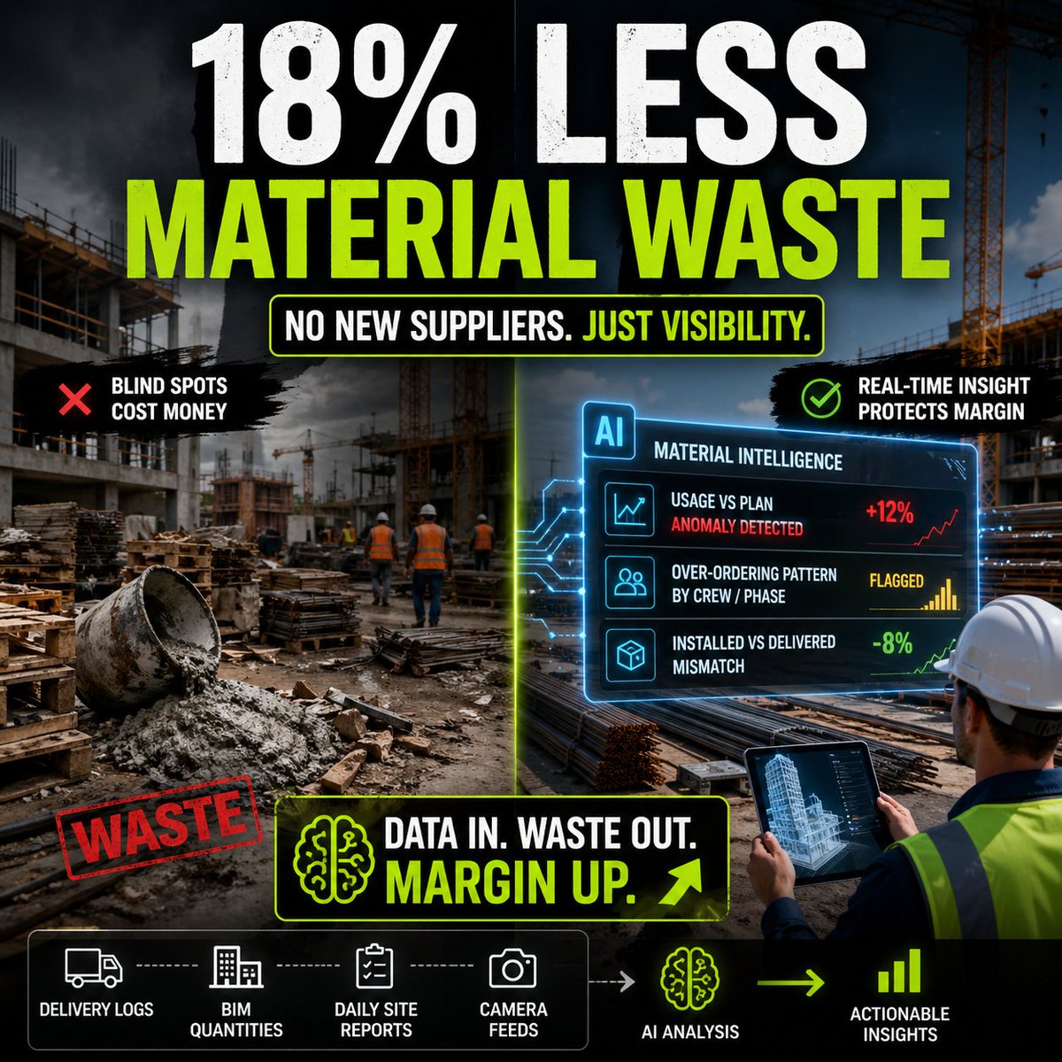 JonJaroska's tweet image. We cut construction material waste by 18% without changing suppliers.

AI links delivery logs, BIM + site data to flag overuse + anomalies in real time.

More AI construction insights 👇 

#ConstructionTech #AIinConstruction