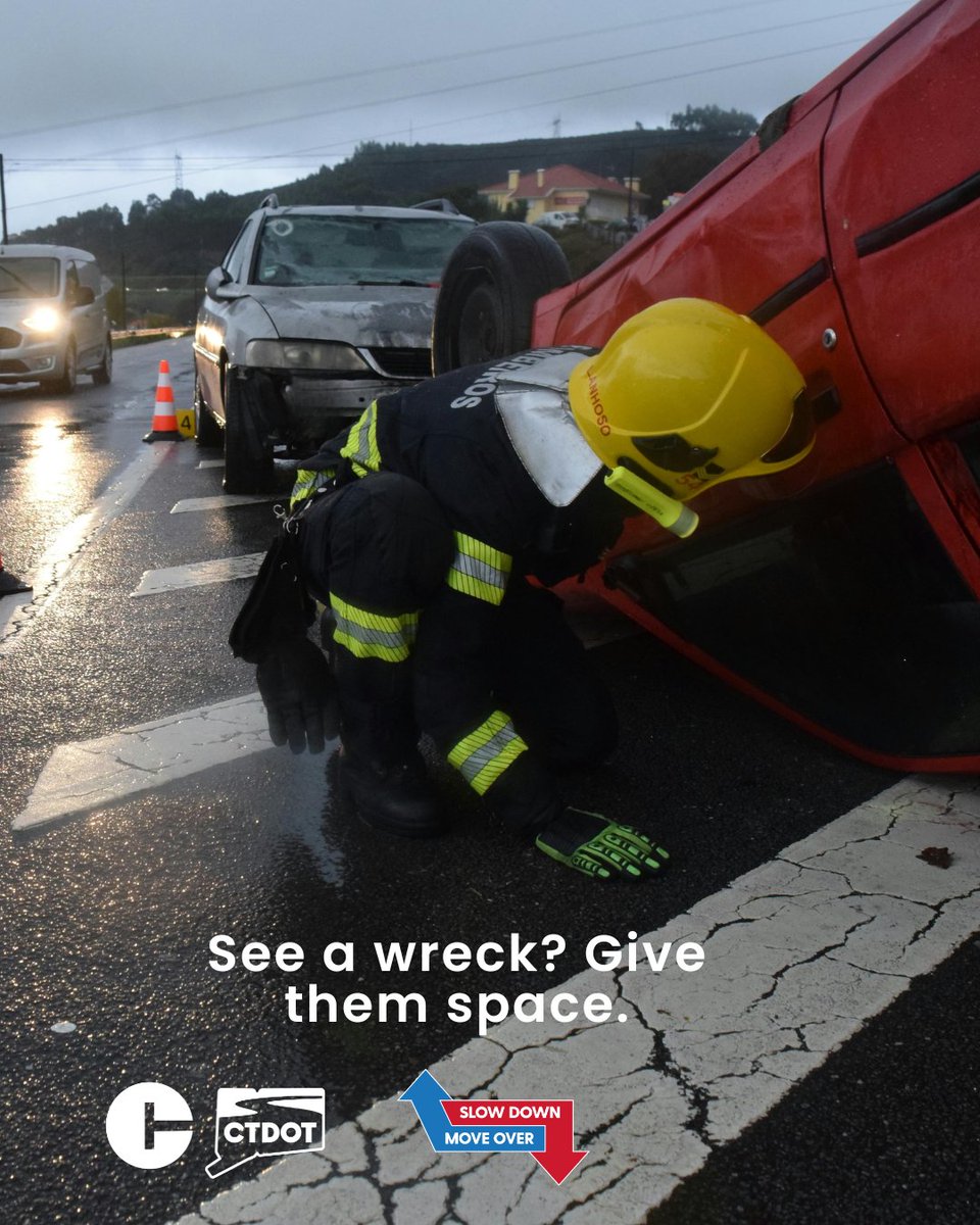 CThighwaysafety's tweet photo. Roadsides can be dangerous places after a crash. Do your part to keep first responders and collision victims safe.
Slow down, and always move over a lane if it’s safe to do so.
#CTDOT #MoveOverSlowDown https://t.co/y1yaQCr5uB