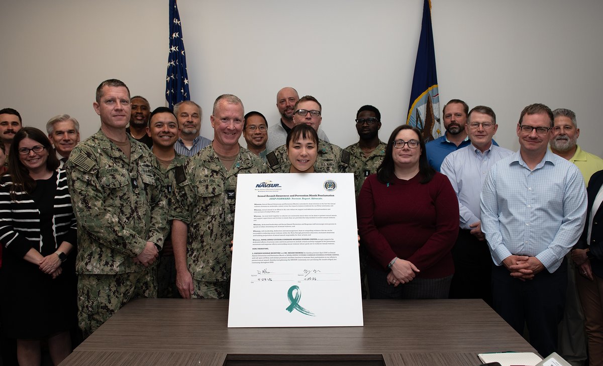 NAVSUPBSC's tweet photo. 📸 Capt. Don McIntyre, commanding officer, @NAVSUPBSC, participates in a Sexual Assault Awareness and Prevention Month proclamation signing with military and civilian personnel to increase participation in efforts to prevent sexual assault throughout the year. ⚓🇺🇲 https://t.co/MK3JX1xrAz