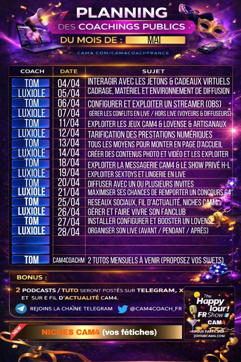 cam4coach_fr's tweet image. 🚀 PLANNING COACHINGS PUBLICS – MAI

Transformez tes lives en expériences !
👉 Stratégies concrètes : OBS, engagement, fanclub, niches, organisation live.

📲Publics : cam4.com/cam4coachfrance

🎯Privé :
Tom cam4.com/cam4coachm
Luxiole cam4.com/cam4coachf

#cam4 #coaching