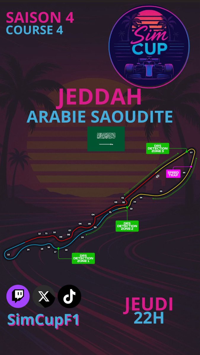 SimCupF1's tweet photo. 🚨 LE RETOUR DE JEDDAH !

🇸🇦 Quatrième course de la saison, ce soir en Arabie Saoudite.

⏱️ Record qualif : 1'27"116 pour SlyLH44 
🏁 Précédent vainqueur : SlyLH44  

Exceptionnellement pas de cast ce soir, mais certains pilotes diffusent leur POV ! https://t.co/y75KcGmKhH