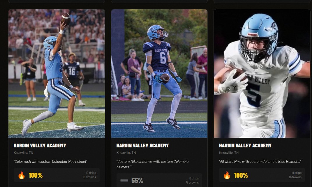 4thandWard's tweet photo. Hardin Valley Academy just dropped THREE heat check uniforms 🔥

From the electric Color Rush in Columbia blue, to the sharp custom Nike combo, to the clean all-white with those custom blue helmets — Knoxville’s finest are making a serious statement on the field.

Which one’s straight DRIP and which one’s getting drowned? 

Vote now in our Drip or Drown database:
https://t.co/EsZclIW6cK