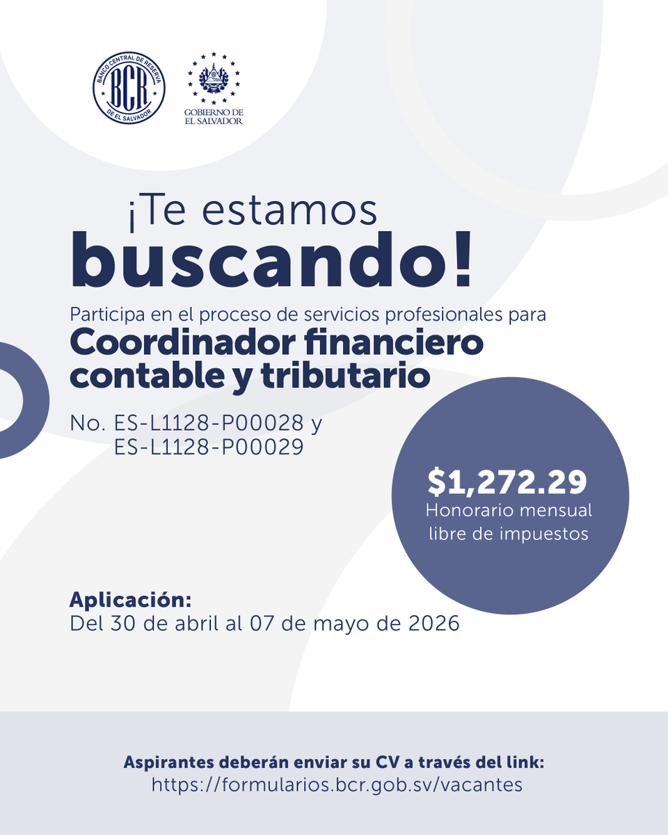 Conoce todos los requisitos para aplicar y registrar tu CV aquí: formularios.bcr.gob.sv/vacantes ✅