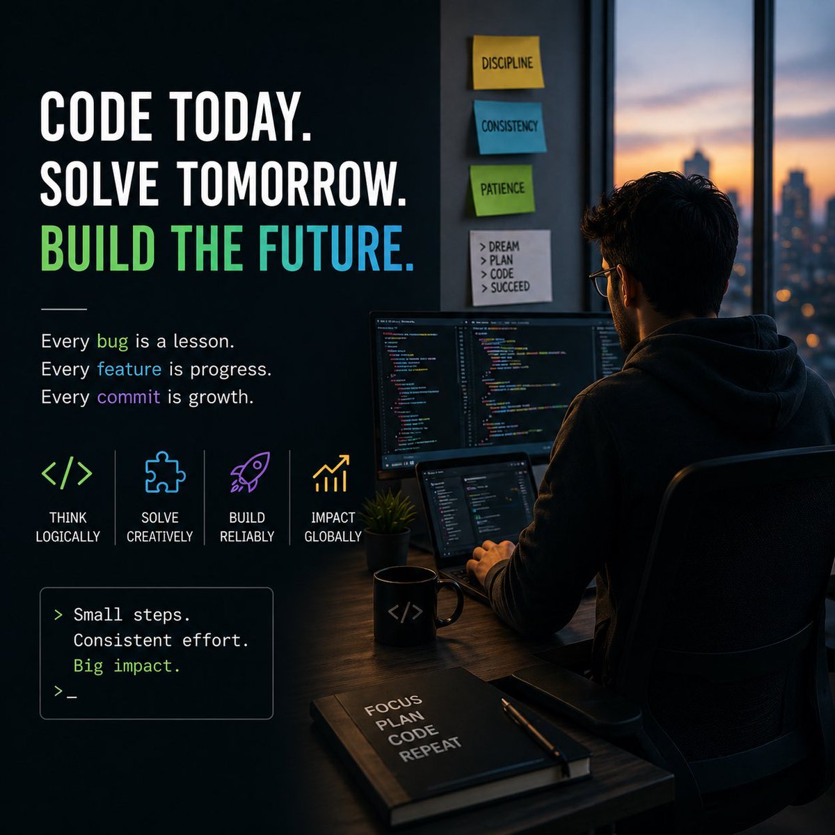 Akshay_24_'s tweet image. Code today. Solve tomorrow. Build the future. 💻

Behind every clean UI is messy debugging.  
Behind every feature is hours of thinking, breaking, and rebuilding.

Small steps. Consistent effort. Big impact.  
Still learning. Still building. Still hungry. 🔥  
#SoftwareDeveloper