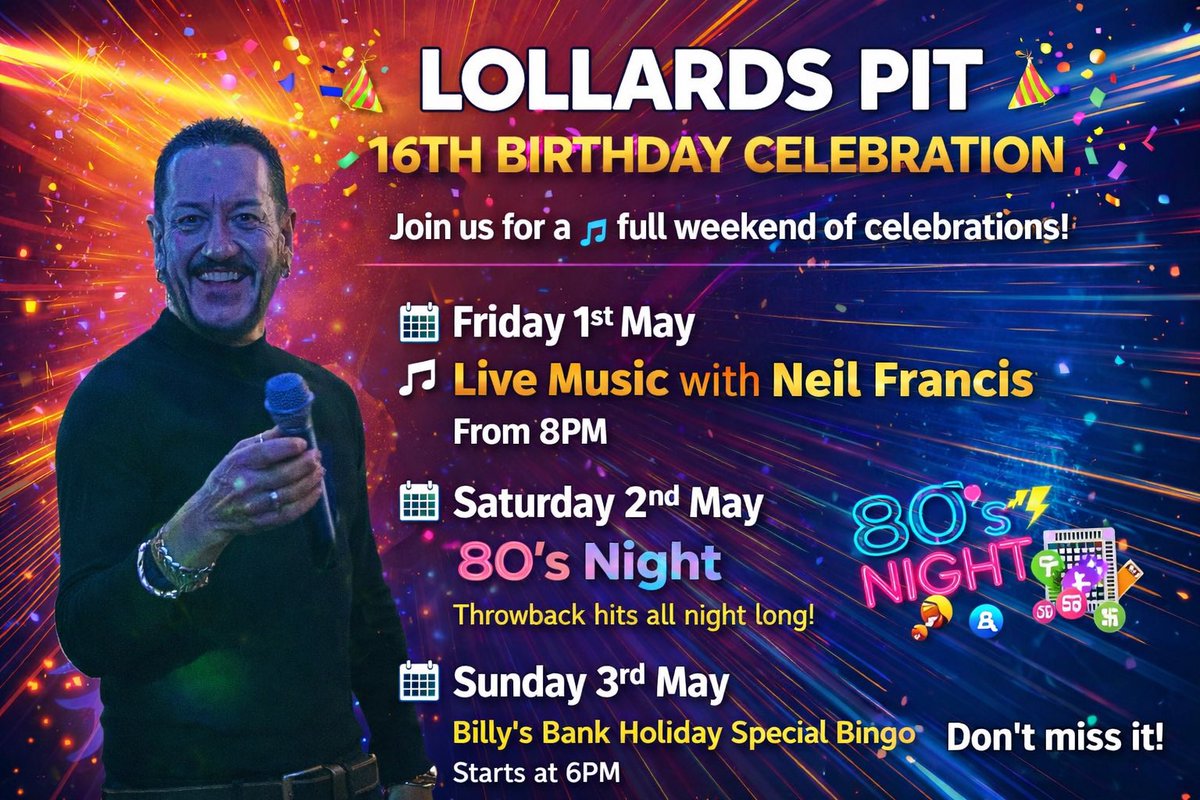 Lollards_Pit's tweet photo. 🎂Our 16th Birthday Celebrations this weekend 🎂
Friday - Live music 🎤 with @NeilFrancisUK 
Saturday - 80’s Party 🪩
Sunday - Billy’s Cash &amp; Prize Bingo 💰
Monday - Open 12pm - 10pm

@moongazerale #Harepy16th limited edition beer 🍺 

Drinks Offers valid Fri - Mon 🥳 https://t.co/IfRU2Yqks7