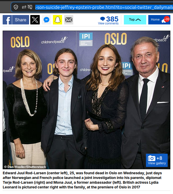 Casimir_Noir's tweet image. #Suicide
Edward Juul Larsen Le fils du diplomate #TerjeRodLarsen, 25 ans a été retrouvé mort à Oslo. 
La police norvégienne et française avaient très récemment lancé une enquête conjointe sur ses parents dans l'affaire #JeffreyEpstein
dailymail.com/news/article-1…