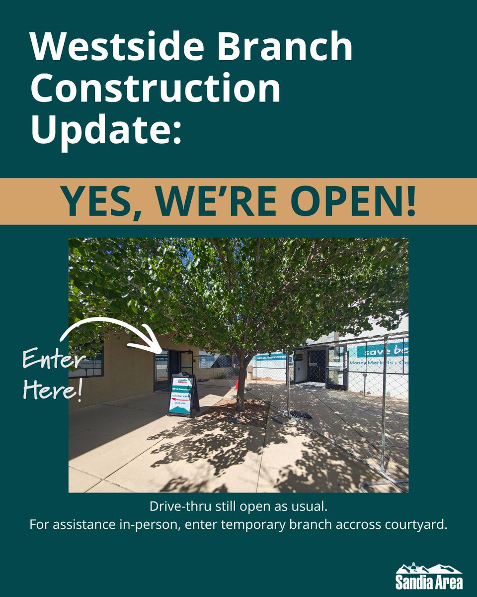 SandiaArea's tweet photo. Big changes are underway at our Westside Branch! 

We’re currently under construction as we work to create an even better banking experience for our members—but we’re still here for you every step of the way. https://t.co/WexYBos0Ae