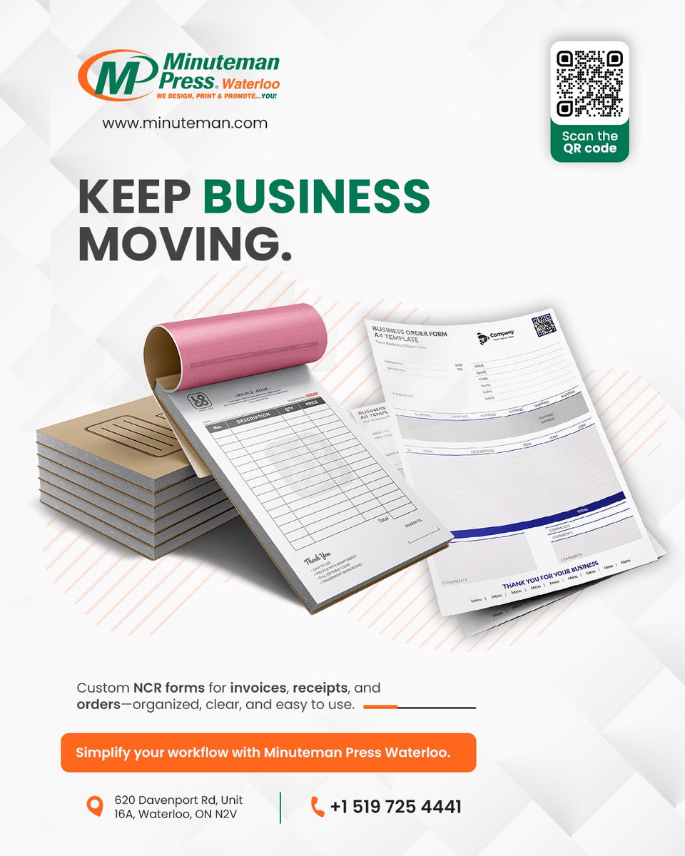 MMP_Waterloo's tweet photo. Keep business moving.

From invoices to order forms, stay organized with prints built for daily operations.

[ NCR Forms, Business Printing, Invoice Books, Order Forms, Waterloo Business, Minuteman Press ]

#BusinessPrinting #NCRForms #WorkflowSimplified #MinutemanPress https://t.co/OmXtZBiYLc