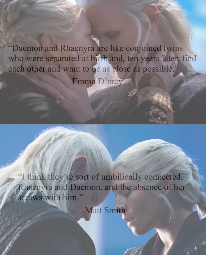 <a href="/DanyQueenn1/">🌸</a> <a href="/Targ_Nation/">rhaenyra targaryen's lawyer</a> “Daemon and Rhaenyra are like conjoined twins separated at birth.” -Emma D’Arcy

“They’re like the same person in two different bodies” - Sara Hess.

“They share blood of the dragon, they’re restless and chaotic.” - Viserys

Another quote by Emma below: