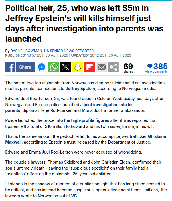 Casimir_Noir's tweet image. #Suicide
Edward Juul Larsen Le fils du diplomate #TerjeRodLarsen, 25 ans a été retrouvé mort à Oslo. 
La police norvégienne et française avaient très récemment lancé une enquête conjointe sur ses parents dans l'affaire #JeffreyEpstein
dailymail.com/news/article-1…