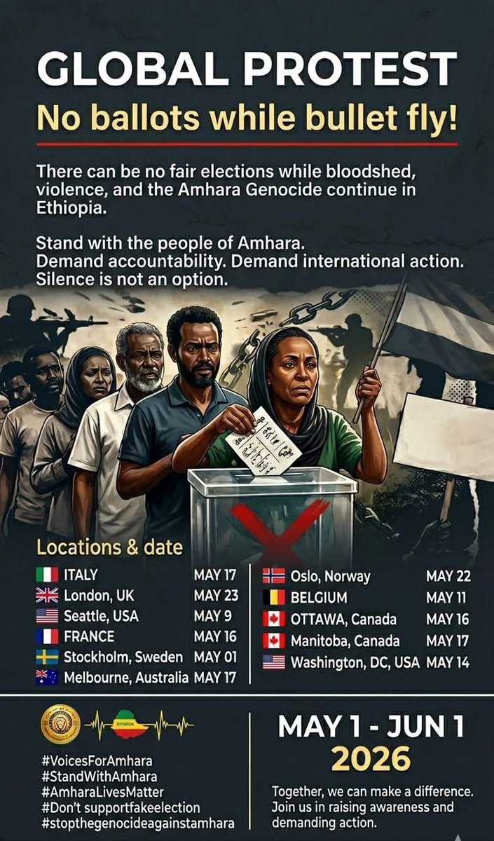 ETHDefenders's tweet photo. Mass protests are being organized in worldwide to condemn the genocide, kidnappings, &amp; political oppression targeting the Amhara ppl in Ethiopia.

Demonstrators are rallying under the message: “With the killing of innocents through war &amp; drones, elections are out of the question” https://t.co/0tunSVdDif