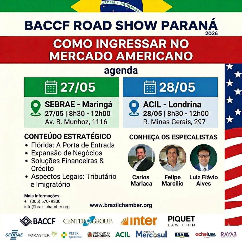 NiForastieri's tweet photo. Road Show BACCF 2026 – Maringá e Londrina

A Foraster Agrointeligência convida você para o workshop "Como Ingressar no Mercado Americano", realizado pela Câmara de Comércio Brasil-EUA da Flórida (BACCF). https://t.co/wL8P1bfOj3