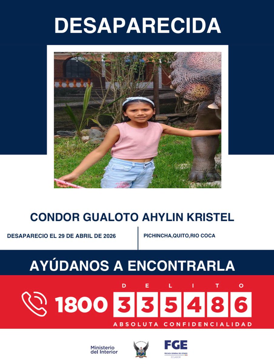 #DesaparecidosEcuador | #Pichincha: si tienes información sobre la ubicación de Alisson Brigith Gualoto Luguaña y Ahylin Kristel Cóndor Gualoto, comunícate de inmediato con las autoridades. Fueron vistas por última vez el 29 de abril de 2026, en el norte de #Quito.