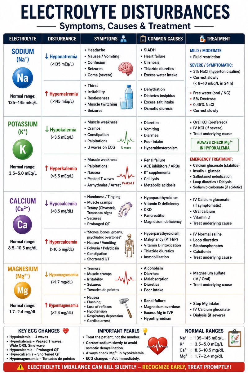 rpsingh1894's tweet image. Electrolyte imbalance can kill silently ⚠️
From seizures to fatal arrhythmias—don’t miss these signs.

A quick clinical guide every doctor should know 👇
Save this. It might save a life.

#MedTwitter #EmergencyMedicine #Electrolytes #PLAB #MedicalEducation