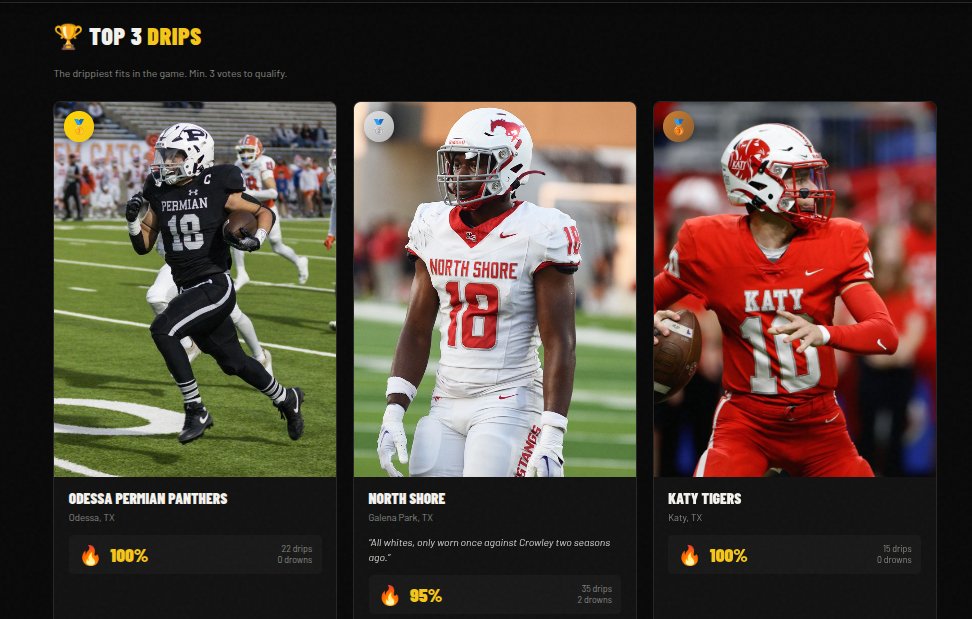4thandWard's tweet photo. 🚨 TOP 3 DRIPS IN THE GAME RIGHT NOW 🔥

The Drip or Drown High School Football Uniform Database is heating up!

1️⃣ Odessa Permian Panthers (Odessa, TX)
All-black everything with white accents… clean, classic, and dripping at 100%. The standard.

2️⃣ North Shore Mustangs (Galena Park, TX)
White base with bold red numbers. Rare heat — only worn once vs Crowley two seasons ago. Sitting at 95%.

3️⃣ Katy Tigers (Katy, TX)
All-red menace mode. Straight intimidation at 100%.

Which one you got as the drippiest fit? 👀

Drop your votes here 👇
https://t.co/wWQa7DctvM

Min. 3 votes to qualify. Let’s see what rises to the top!

#DripOrDrown #TexasFootball #HighSchoolFootball