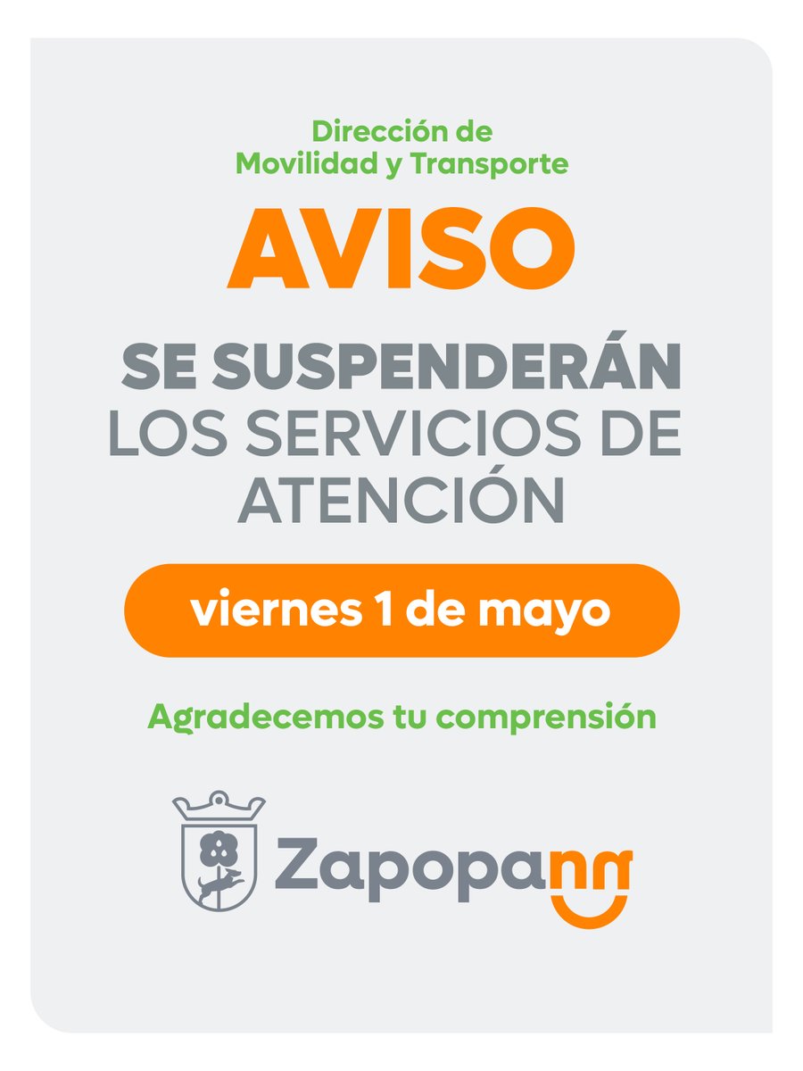 AVISO ⚠️

🗓 Por disposición oficial mañana 1 de mayo se suspenderán los servicios de atención.

Las y los esperamos el lunes 4 de mayo en:

📌 Concentro  🕘 9:00 am - 3:00 pm 

📌 Unidad Basílica 🕘 9:00 am - 3:00 pm
 
📌 CISZ 🕘 9:00 am - 3:00 pm

Agradecemos tu comprensión.