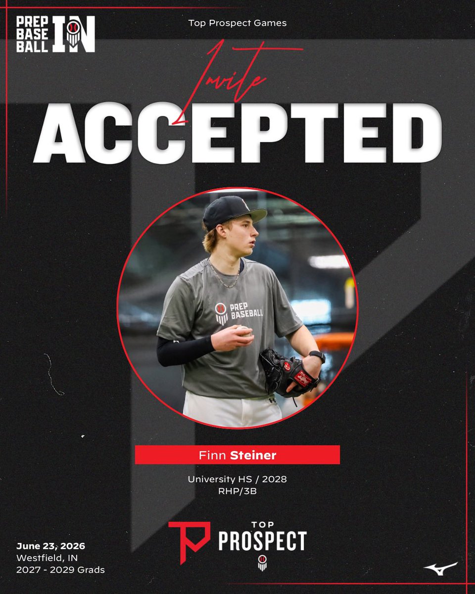 PrepBaseballIN's tweet photo. ⭐️ 𝗧𝗼𝗽 𝗣𝗿𝗼𝘀𝗽𝗲𝗰𝘁 𝗚𝗮𝗺𝗲𝘀 ⭐️

‘28 @FinnSteiner2 is 𝙡𝙤𝙘𝙠𝙚𝙙 𝙞𝙣 for #INTPG26 on June 23rd at Grand Park. 

6’4” 205, high upside righty we’ve seen up to 89 mph. #20 player in the class &amp; #MWSSG25 alum. 

𝘙𝘦𝘲𝘶𝘦𝘴𝘵 𝘐𝘯𝘷𝘪𝘵𝘦👇

🔗 https://t.co/uAMq3ZWtu4 https://t.co/zlxYNfiYAw