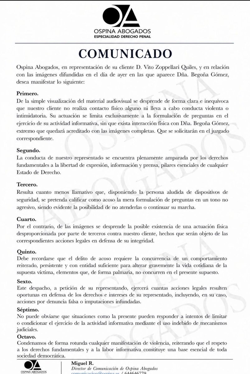 COMUNICADO DE VITO QUILES: EL CONTRAATAQUE QUE MONCLOA NO ESPERABA 

Lo que no se está explicando es que el comunicado de @VitoQuiles no es solo una defensa, es un movimiento técnico para bloquear la estrategia de victimización de Begoña Gómez.
1. La prueba de vídeo como muro: Al