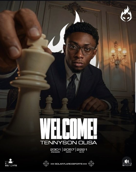 JUST IN: Tennyson Ewomazino Olisa has officially signed with Solar Flare Esports. This signing marks a major step for one of Africa's strongest rising chess talents.