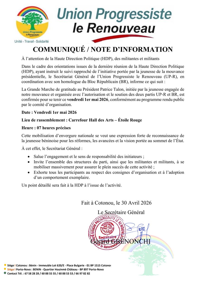 UP_LeRenouveau_'s tweet image. 🟡⚪️COMMUNIQUÉ / NOTE D'INFORMATION DE L'UNION PROGRESSISTE LE RENOUVEAU EN DATE DU 30 AVRIL 2026

#Unionprogressistelerenouveau #BR #mouvancepresidentielle #HommagePatriceTalon