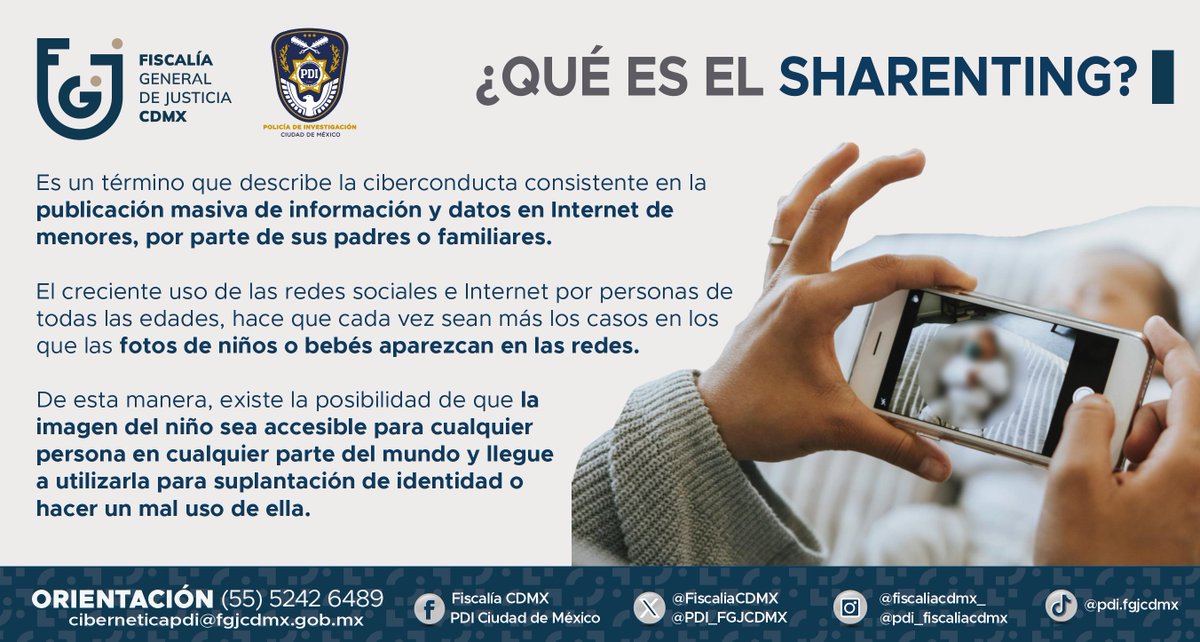 PDI_FGJCDMX's tweet photo. Subir fotos, compartir datos personales o eventos importantes de menores puede ponerlos en riesgo, es por ello que en la #PDI te invitamos a informarte para evitar este tipo de conductas y ser víctima de los #Ciberdelincuentes https://t.co/iQkLrfwpRv
