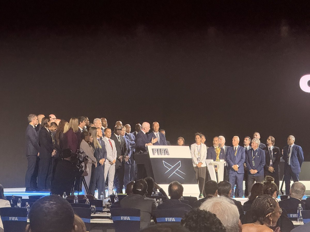 BahiruTi's tweet photo. At the FIFA Congress in Vancouver, all Players’ Voice panel legend players joined FIFA President Gianni Infantino on stage with a powerful “Say No to Racism” message. Led by captain George Weah, the panel called for unity, respect, and stronger action to end racism in football. https://t.co/ic8TwlWTrZ