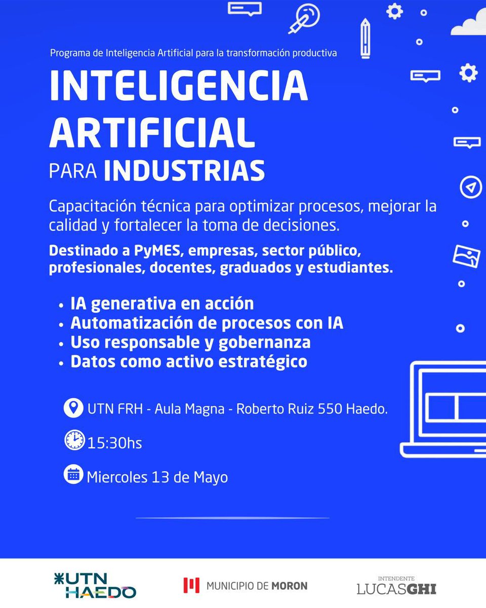 cgera_moron's tweet photo. 🔵 La UTN y el Municipio de Morón invitan a una capacitación gratuita apuntada a conocer cómo optimizar procesos y mejorar la toma de decisiones de tu PYME con Inteligencia Artificial.

🗓️ 13/5 15:30 hs

📍 París 532, Haedo

📱 Inscripción https://t.co/gMgFdlGKE7

#CgeraMoron https://t.co/xsbulyeyYw