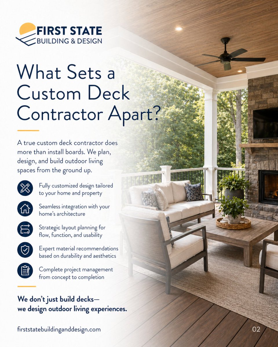 FSBDBuilding's tweet photo. A custom deck should feel like it was always meant to be part of your home.

At First State Building & Design, we don’t just build decks — we design outdoor living experiences tailored to the way you relax, entertain, gather, and enjoy your home.

From premium decking materials and thoughtful layouts to covered structures, lighting, outdoor kitchens, and seamless backyard integration, every detail is planned with beauty, function, and long-term quality in mind.

Ready to start your custom deck project?

Explore the full guide here:
https://t.co/yCoSHsC18L

#FirstStateBuildingAndDesign #CustomDeckBuilder #OutdoorLiving #DeckDesign #LuxuryOutdoorLiving #ChaddsFordPA #ChesterCountyPA #DelawareCountyPA #NorthernDelaware #NortheasternMaryland