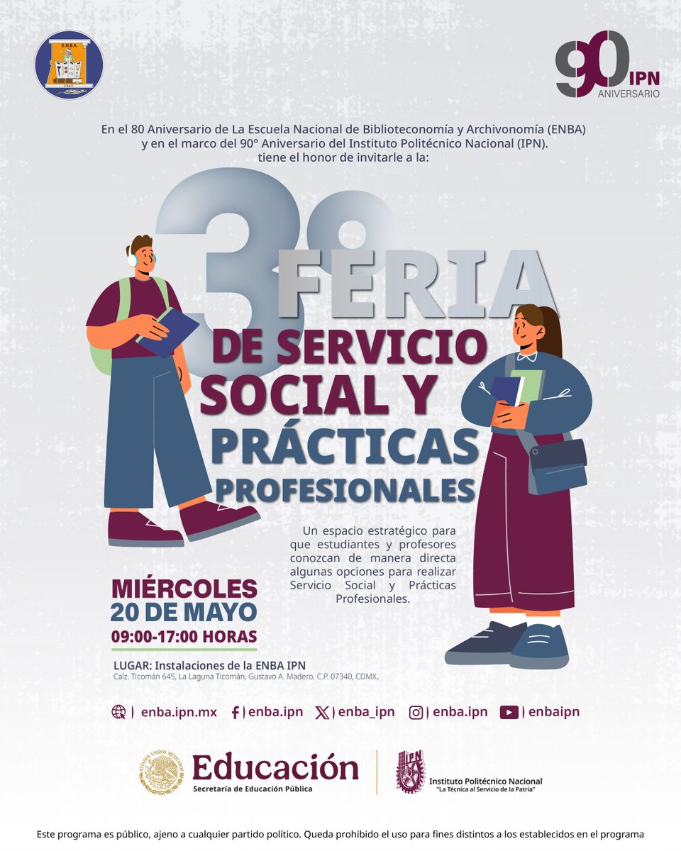 enba_ipn's tweet photo. Participa en la 3° Feria de Servicio Social y Prácticas Profesionales, espacio clave para conocer los procedimientos a seguir para concluir con éxito tu formación profesional.🔹 Día: Miércoles 20 de mayo, 2026. 🔹Hora: 09:00 a 17:00 horas.🔹 Lugar: Instalaciones de la @enba_ipn https://t.co/AlQPyVxwme