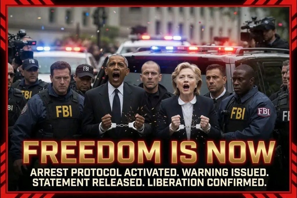 Mr_Q_Q17's tweet photo. 🚨 FREEDOM IS NOW 🚨

[Image attached - the dramatic edited version with the red alert border and "FREEDOM IS NOW" text]

ARREST PROTOCOL ACTIVATED. WARNING ISSUED. STATEMENT RELEASED. LIBERATION CONFIRMED.

After years of shadows, deceptions, and hidden operations, the moment the world has been waiting for has arrived.

Barack Obama and Hillary Clinton have been taken into custody by FBI agents in a historic operation that marks the turning point for the Republic. Handcuffed and escorted from the scene amid flashing lights and a stunned public, this is not the end — it is the beginning of true freedom.

The Warning has been delivered.

The Statement has been released.

The Arrest has been executed.

Today, the chains of corruption, endless wars, and globalist control are being broken. The American people are witnessing the restoration of justice, transparency, and sovereignty.

Freedom is no longer a distant dream.

Freedom is NOW.

This is the moment patriots across the nation — and around the world — have fought, prayed, and stood for. The old guard is falling. The light is breaking through.

Let this image serve as both a warning to the corrupt and a beacon of hope to the free.

The Great Awakening is no longer coming.

It is here.

Share this far and wide. The world needs to see what real accountability looks like.

🚨 Wake up and don't miss out!

Click the link below and join the official Trump group channel. You'll get full information, detailed updates, and more explanations about what's approaching.