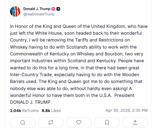 I am just guessing - but I bet that this hurts Kentucky bourbon producers.  Just a guess.