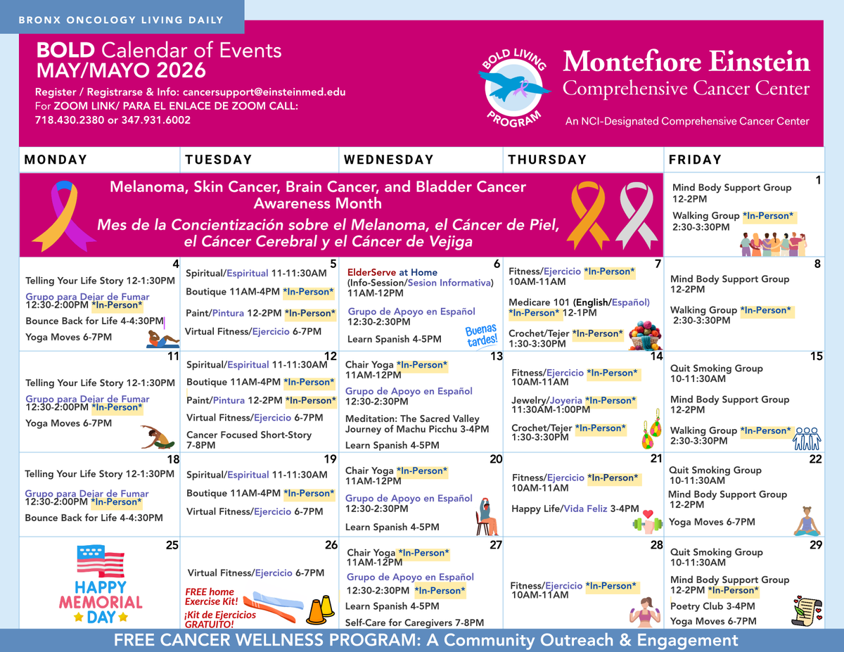 BOLD_Program's tweet photo. The BOLD Calendar of Events of May 2026 is here! Please register for events that strike your interest by emailing: CANCERSUPPORT@EINSTEINMED.EDU or calling: (718) 430-2380
@EinsteinMed
@MontefioreNYC https://t.co/l9GOHN1Vhk