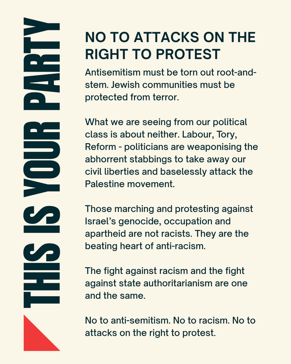 Westminster is weaponising the abhorrent stabbing of two Jewish Londoners.

Attempts to take away our civil liberties and repress the pro-Palestine movement have nothing to do with rooting out antisemitism. Statement 🔽