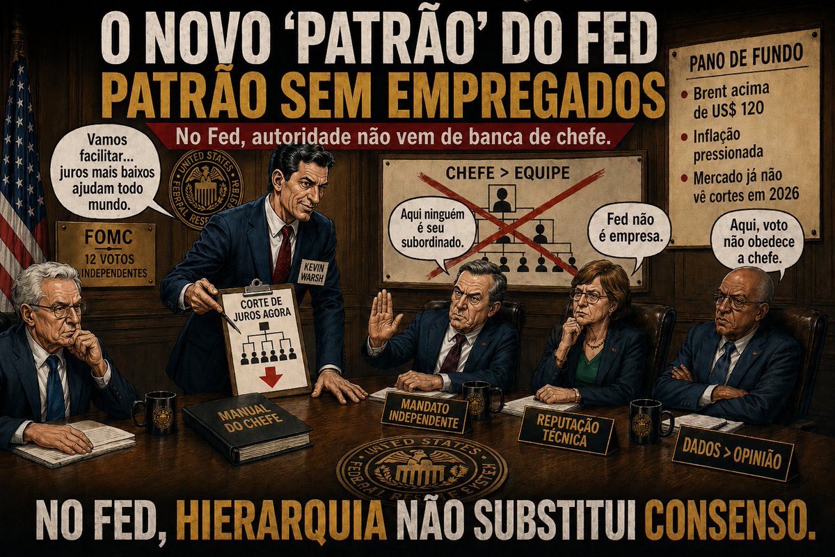 ACERTAR NA MOSCA : O novo "patrão" do Fed #OURO #GOLD #S&amp;P 500 acertarnamosca.blogspot.com/2026/04/o-novo… 
O novo "patrão" do Fed 👔🏦
Warsh chegou com o manual do chefe na mão. O problema: no Fed, ninguém é subordinado de ninguém.
São 12 votos independentes. 
#ouro #gold #euro #SP500
