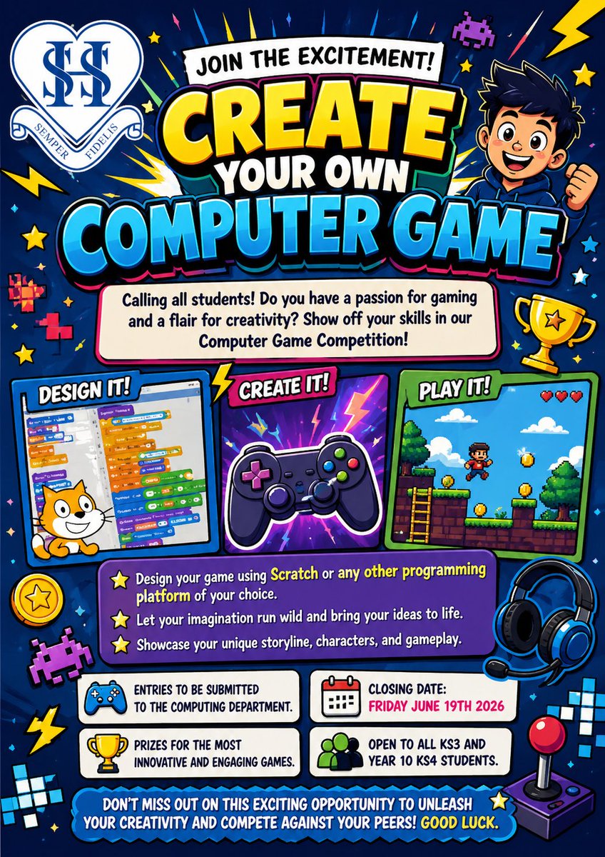 sacredheartrcuk's tweet image. 🎮 Create Your Own Computer Game!

Design a game using Scratch or any platform 🎮
🏆 Prizes to be won
📅 Deadline: 19 June 2026
👾 Open to KS3 &amp;amp; Year 10
Submit to Computing—get creating!
#GameDesign #Coding #STEM
