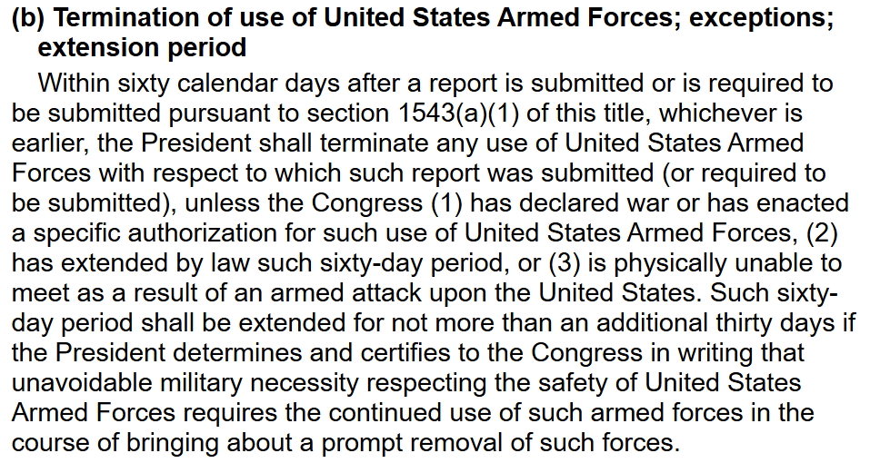 Fritschner's tweet image. Guys, Hegseth's "war powers clock pause"  thing is nonsense. Total fiction made up by an imbecile.

Here is the text of the statute, find me the place where Congress' war authority is "paused" if there is a ceasefire. You won't find it because it does not exist.