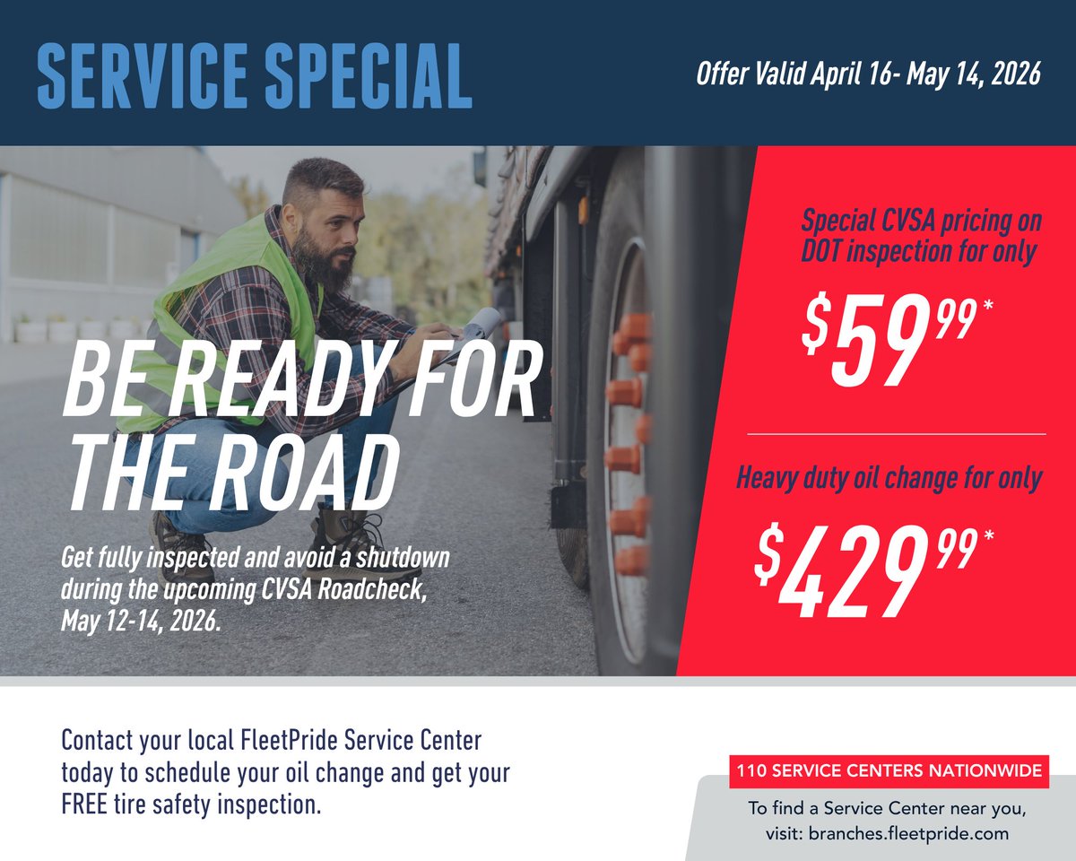 FleetPrideInc's tweet image. 🚨 The CVSA Roadcheck is almost here — don’t risk downtime. ⚠️

🔧 DOT Inspection – $59.99*
🛢️ Heavy Duty Oil Change – $429.99*
✅ FREE tire safety inspection

Offer valid April 16 – May 14.📞 Schedule your service today!

#TogetherWeCan #CVSARoadcheck