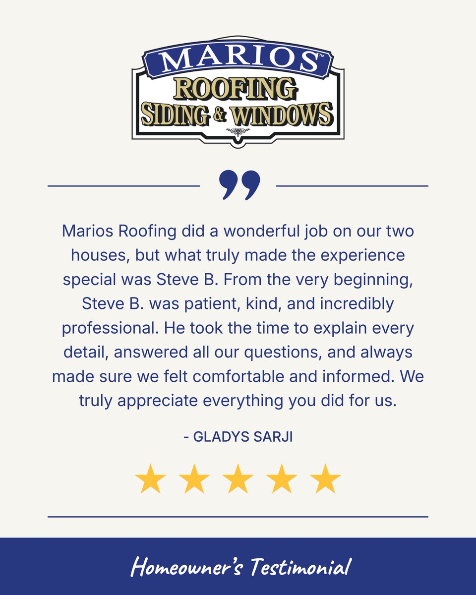 marios_roofing's tweet image. This is what we work for. ⭐⭐⭐⭐⭐

Thank you, Gladys. Steve B. &amp;amp; the entire Marios team are proud to have earned your trust across both homes.

📞 781.269.9163 | mariosroofing.com

#MariosRoofing #Homeowner #MassachusettsHomeowner #RoofingContractor