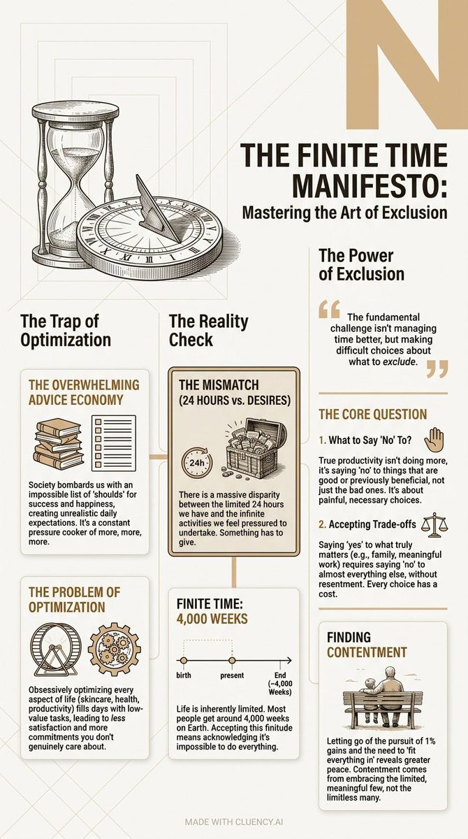 cluencyai's tweet image. @mattdavella's "Illusion of Time Management" nails it: We're pressured to do ALL the things, but life's finite. Key: choosing what to say "no" to. Made with @cluencyai

#TimeManagement #Productivity #Minimalism #MattDavella