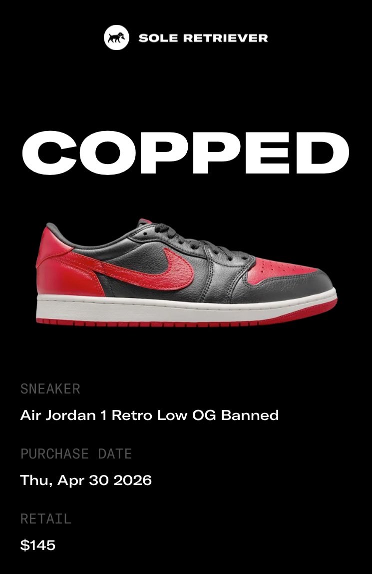 Endo79_'s tweet photo. I just copped the Air Jordan 1 Retro Low OG Banned with @SoleRetriever
https://t.co/kp14GqEzfY https://t.co/QTRfSbBEk7
